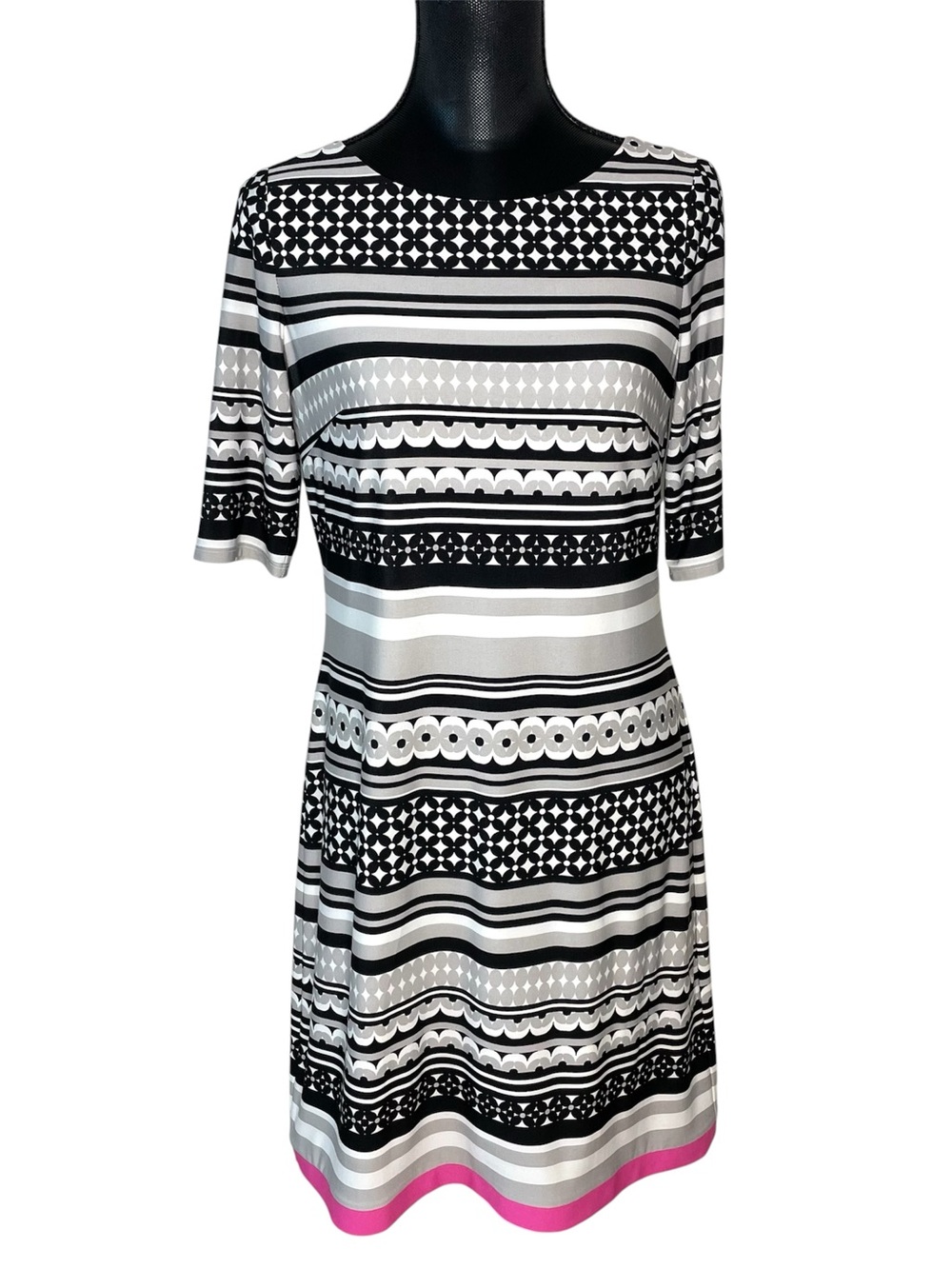 Eliza J Dress Midi Jersey Shift Geometric Pattern Print Black White Size 8